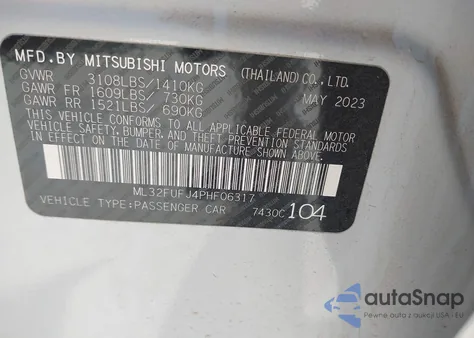 2023 Mitsubishi Mirage G4 Le из США, поврежденный, VIN ML32FUFJ4PHF06317